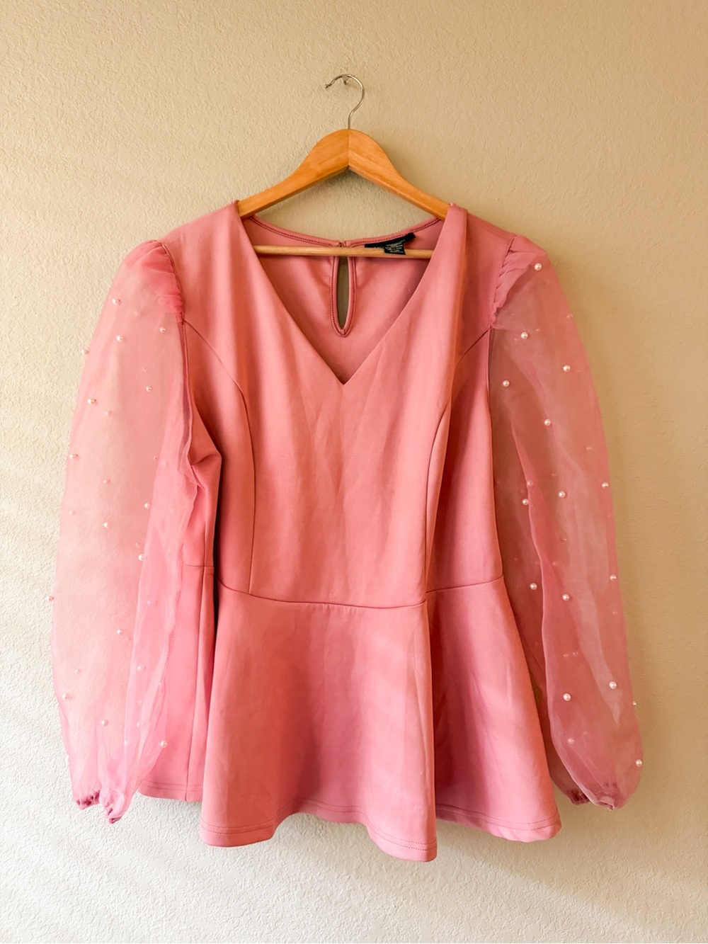Ashley Stewart Pink Peplum Top with Pearl-Embellished Sheer Balloon Sleeves